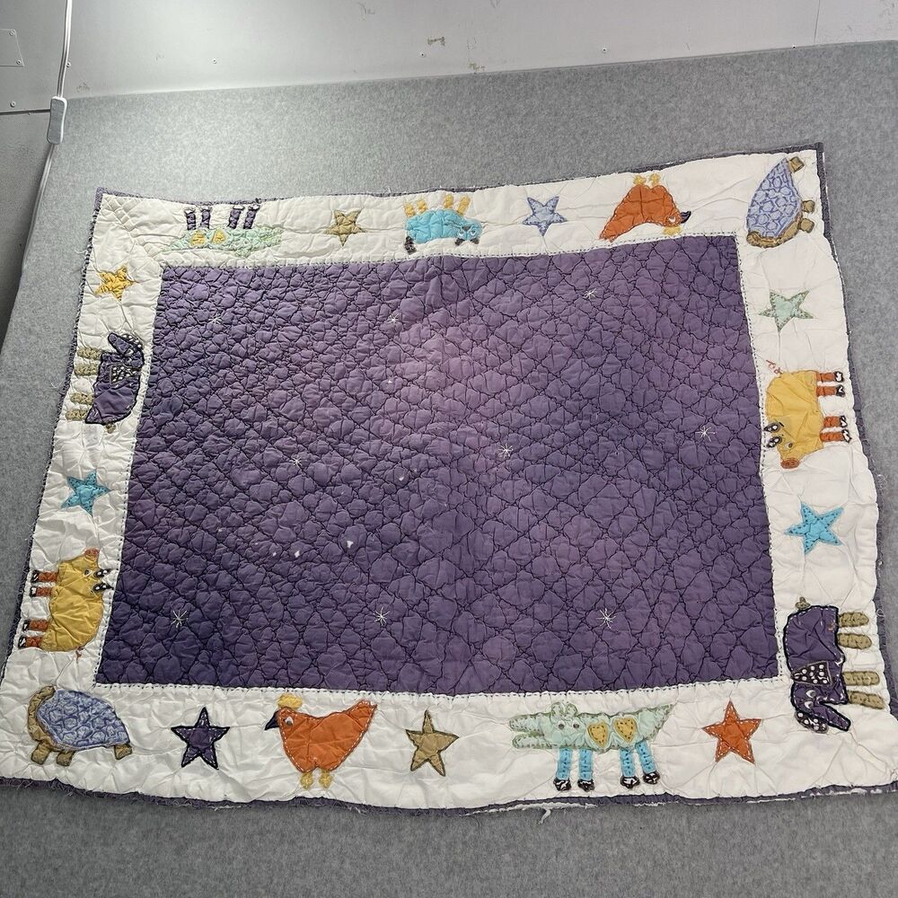 Vintage Garnet Hill Baby Crib Quilt Animals tattered distressed 31x39"